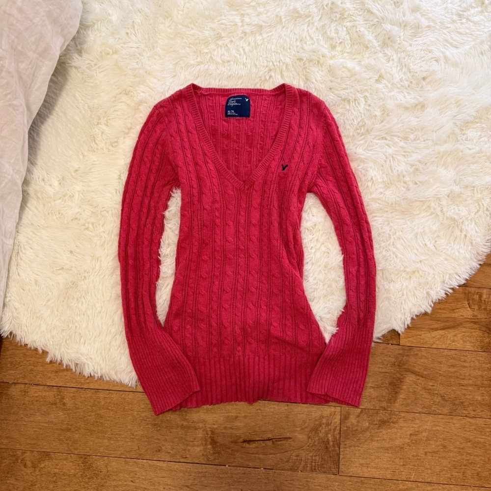 American Eagle Pink Cable Knit V-Neck Sweater Womens XL Preppy Y2K Vibe